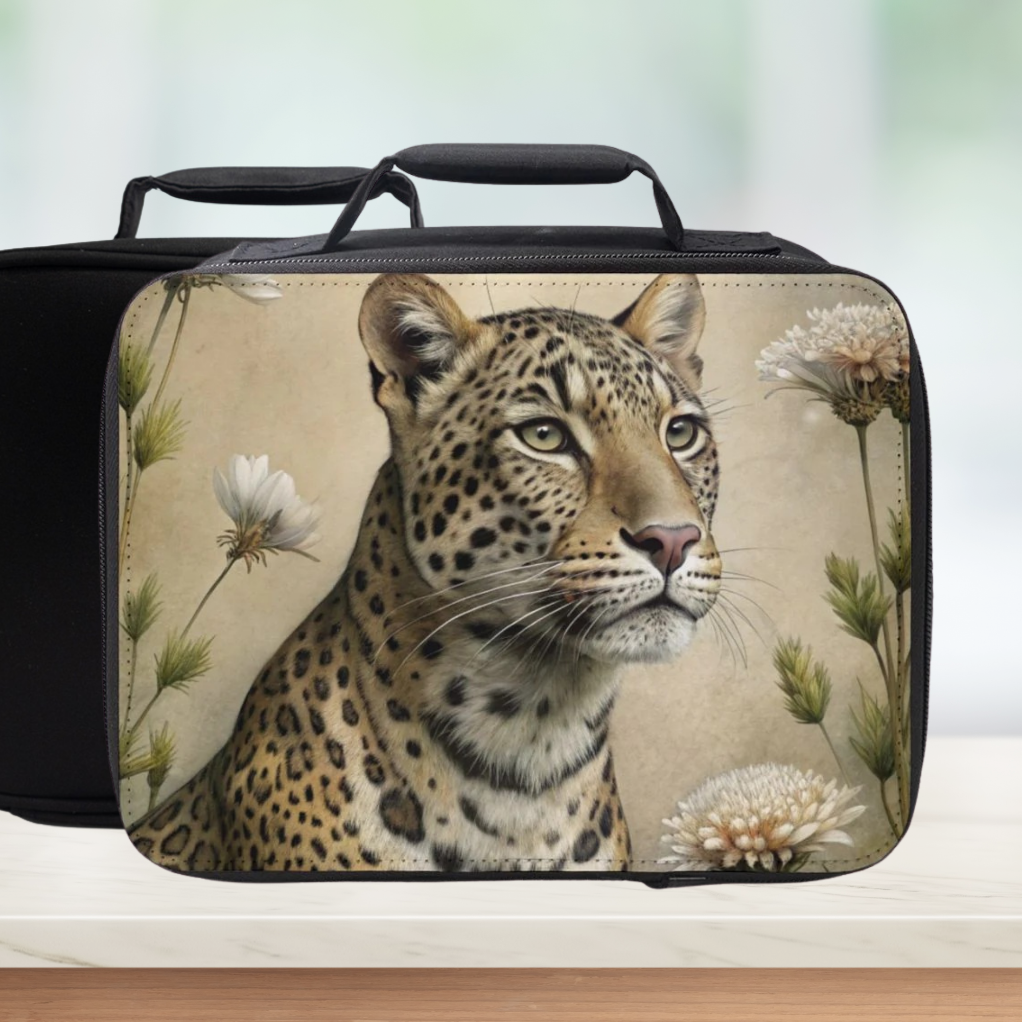 Lunch bag with a leopard design on a neutral background