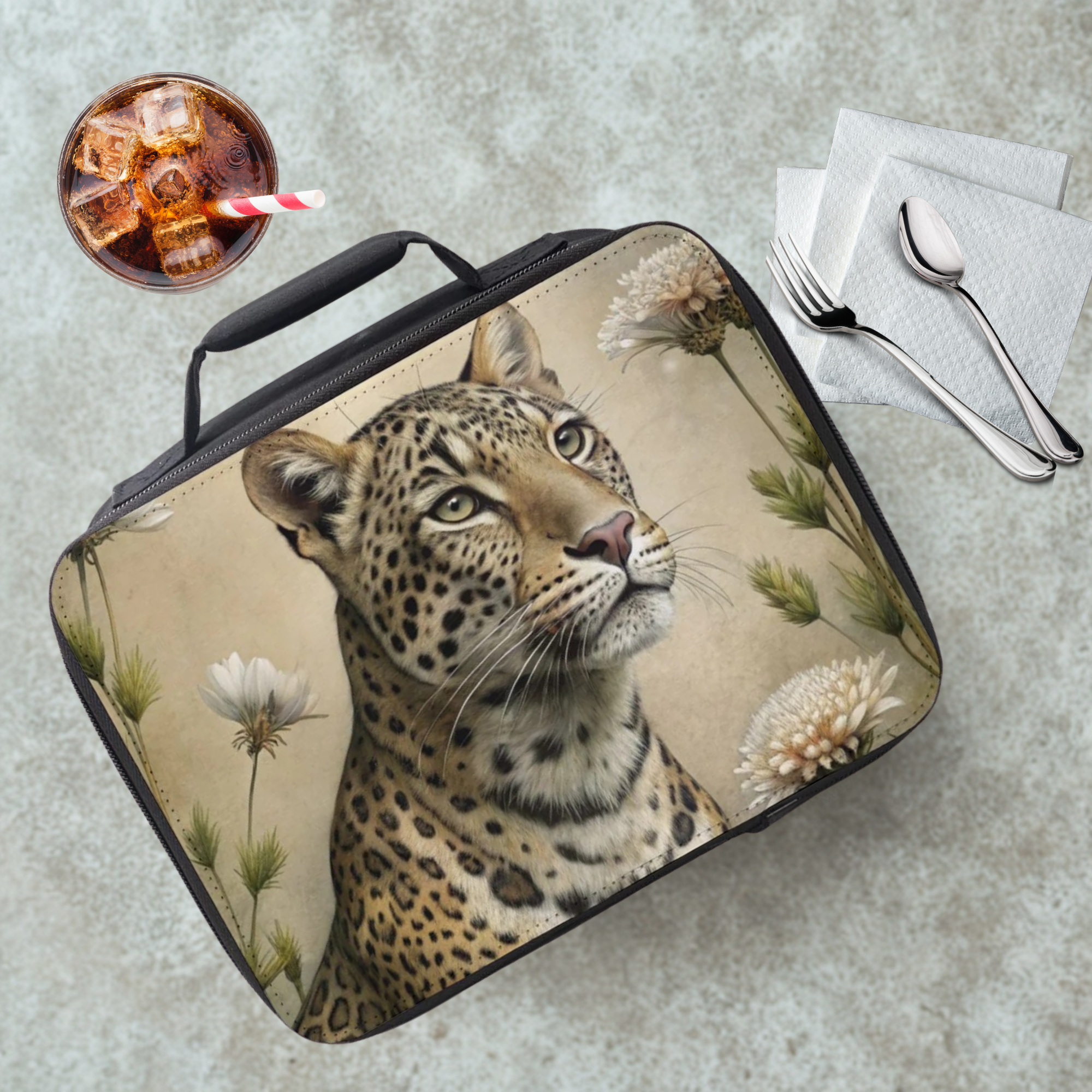 Leopard-themed lunch bag on a table with a drink and utensils.