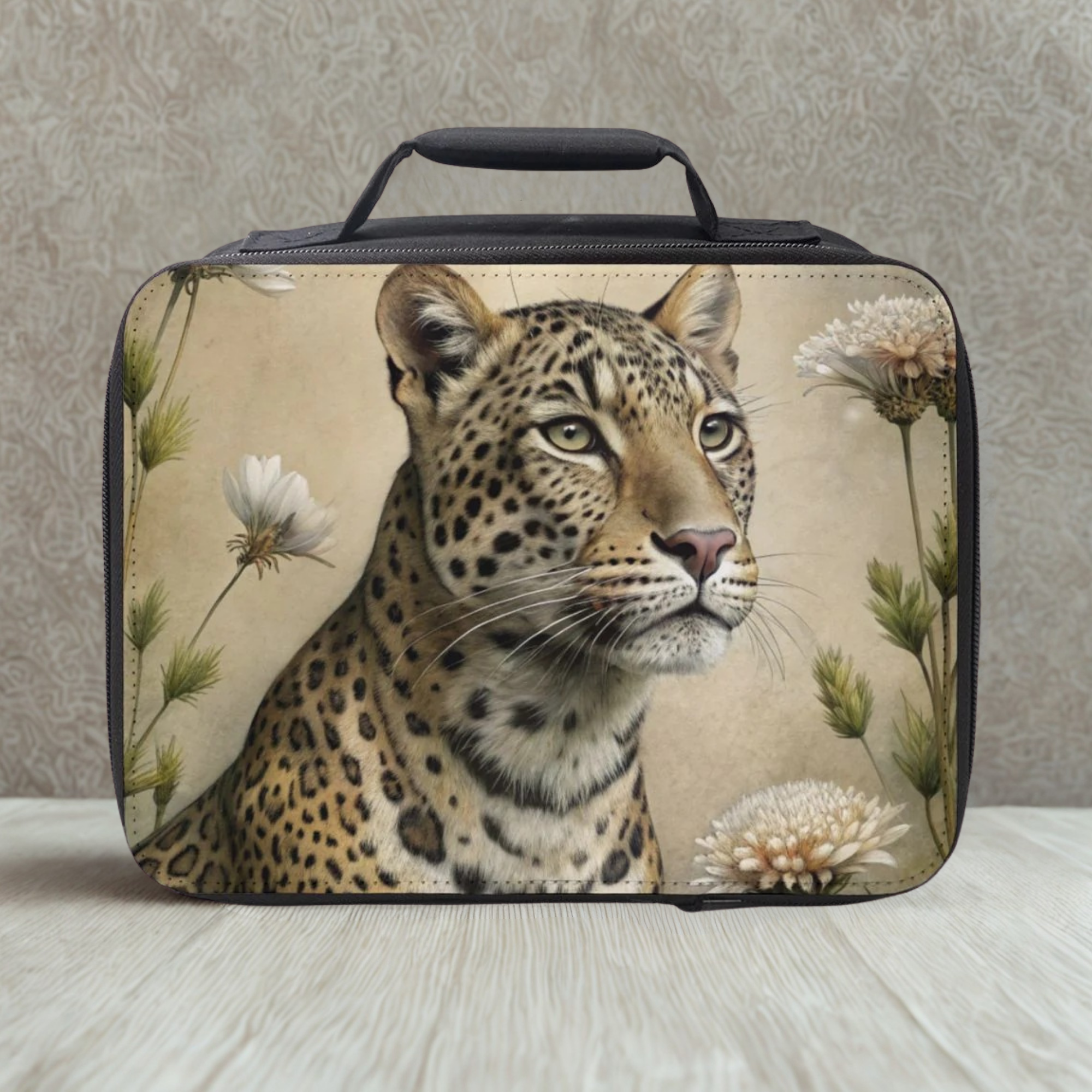 Leopard-themed lunch bag with floral elements on a neutral background