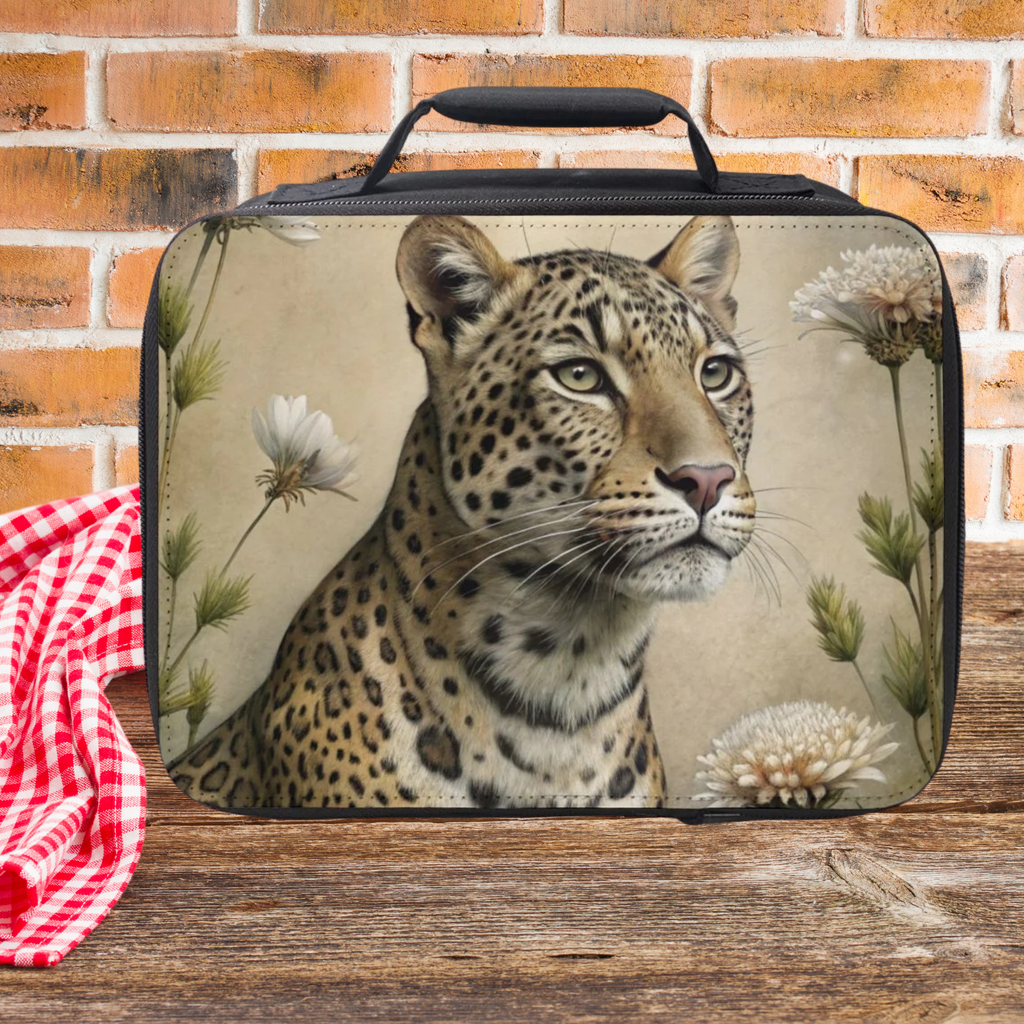 Lunch bag with a leopard design on a wooden surface and brick wall background
