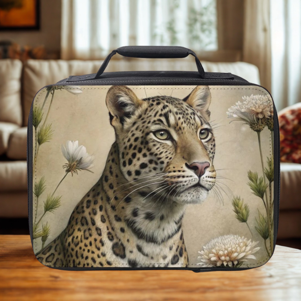 Leopard-themed insulated lunch bag on a wooden surface with a blurred indoor background