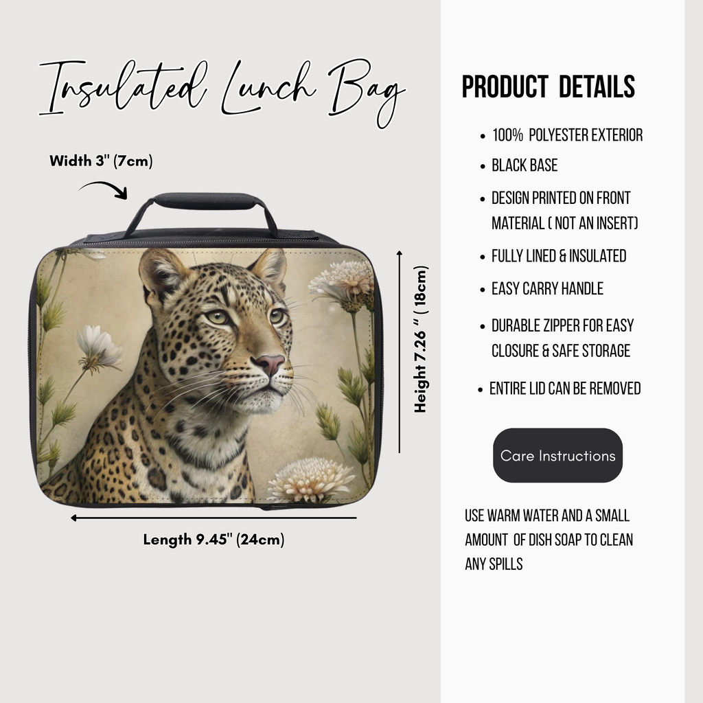 Insulated lunch bag with leopard design and product details on a white background