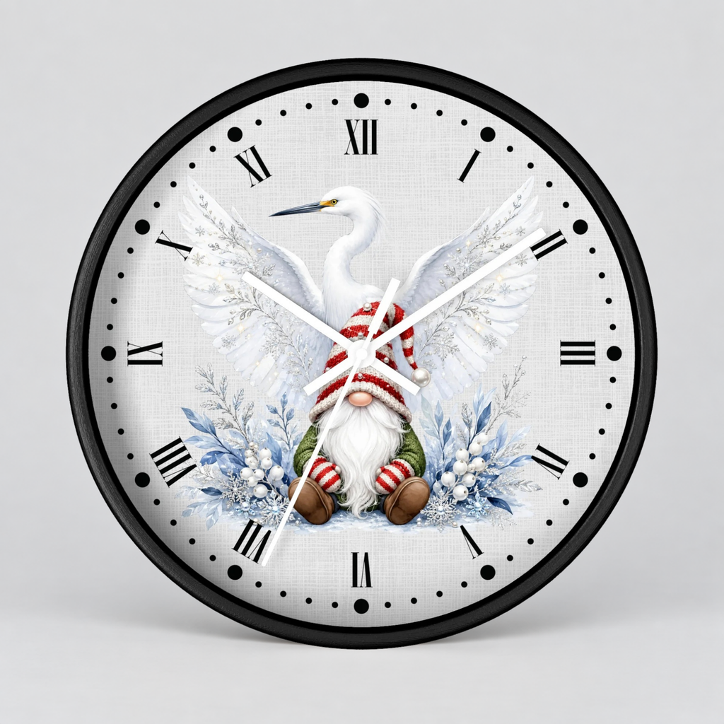A round wall clock with a black frame and a white clock face featuring a winter illustration of a white stork with wings, a gnome in red-and-white striped clothing, and blue snowy branches. Roman numerals mark the hours.