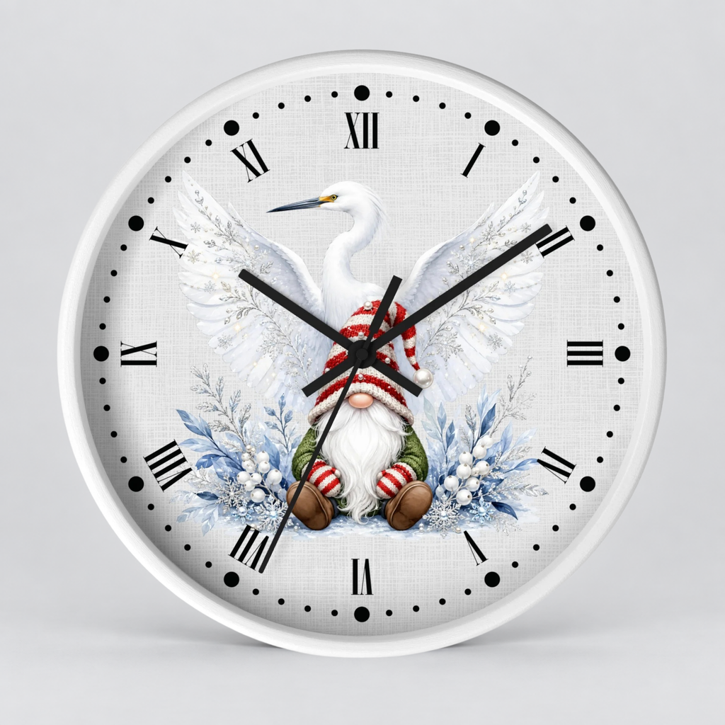 A round wall clock with a white frame and a printed holiday design on the face. The design shows a white heron with large wings, a gnome in red-and-white striped clothing, blue snowy branches, and black Roman numerals on a light gray textured background.