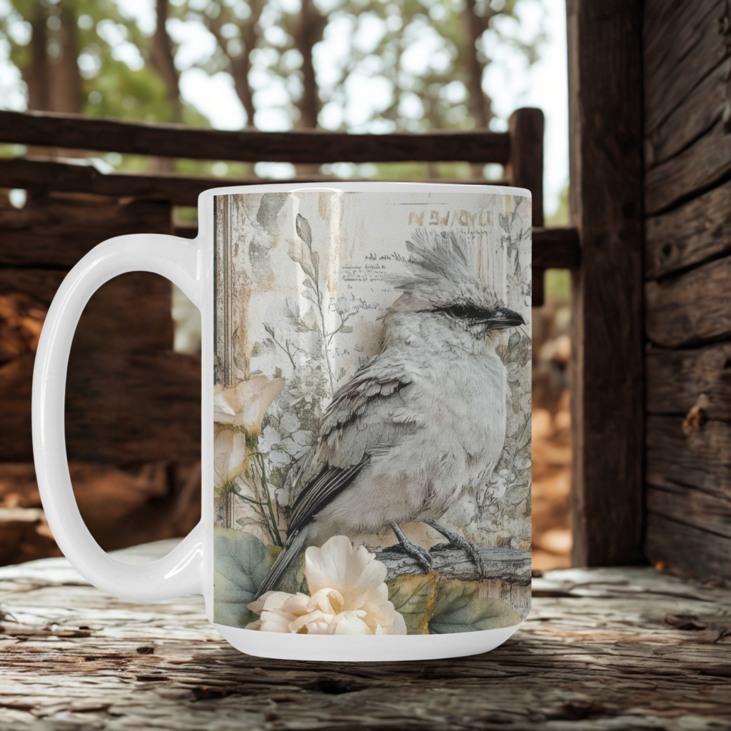 Mug with a bird design on a wooden surface