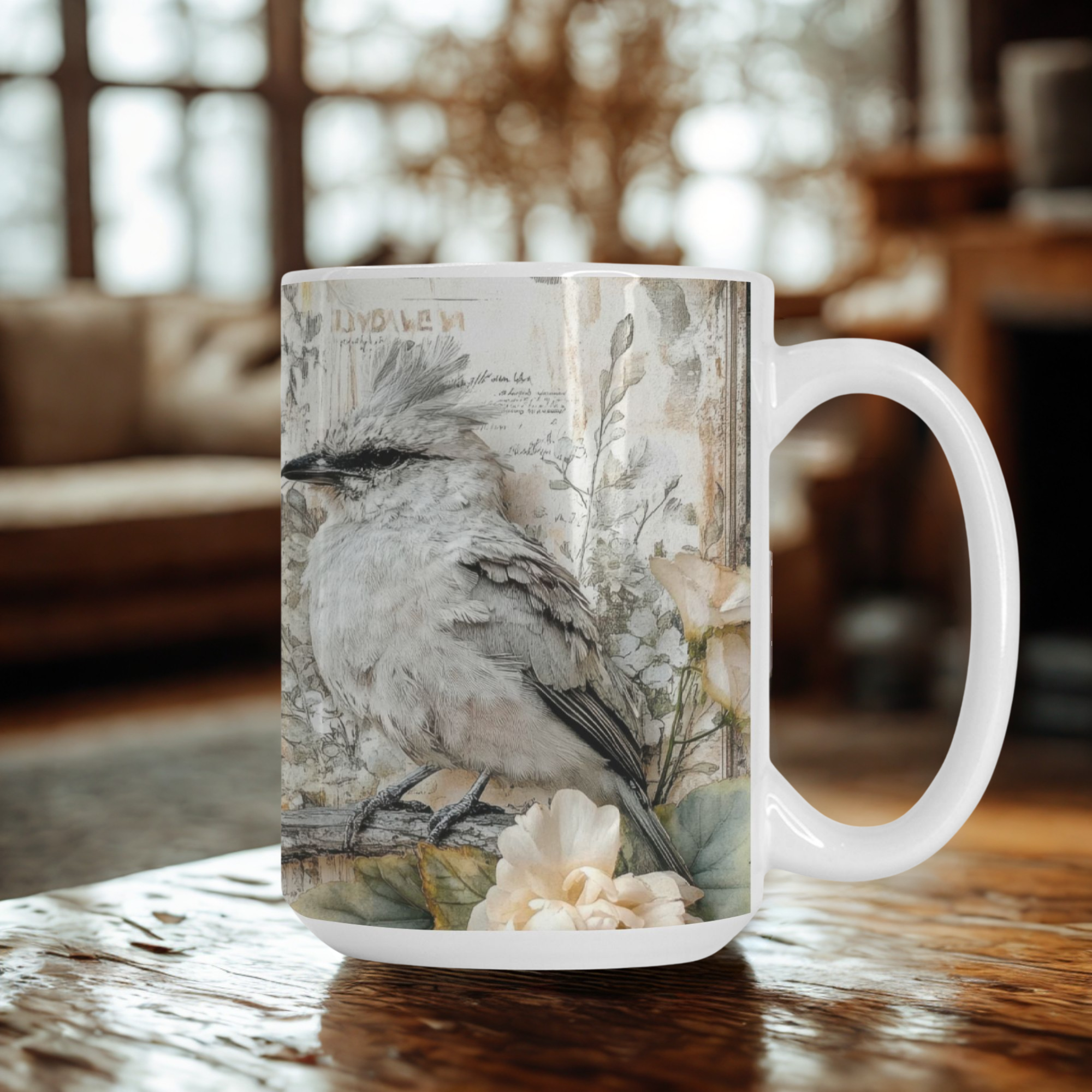 Mug with a bird and floral design on a wooden table in a cozy room.