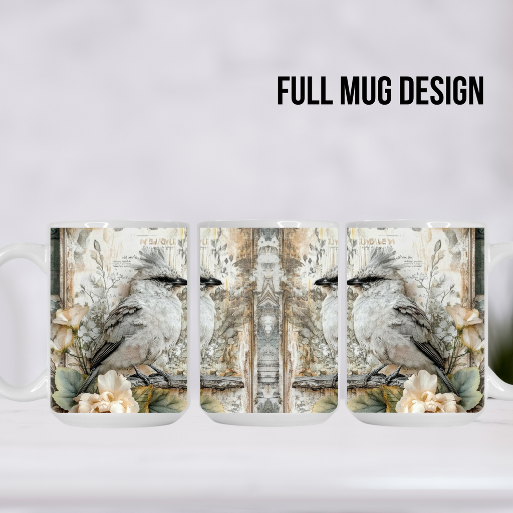 Three mugs with a bird and floral design on a white background