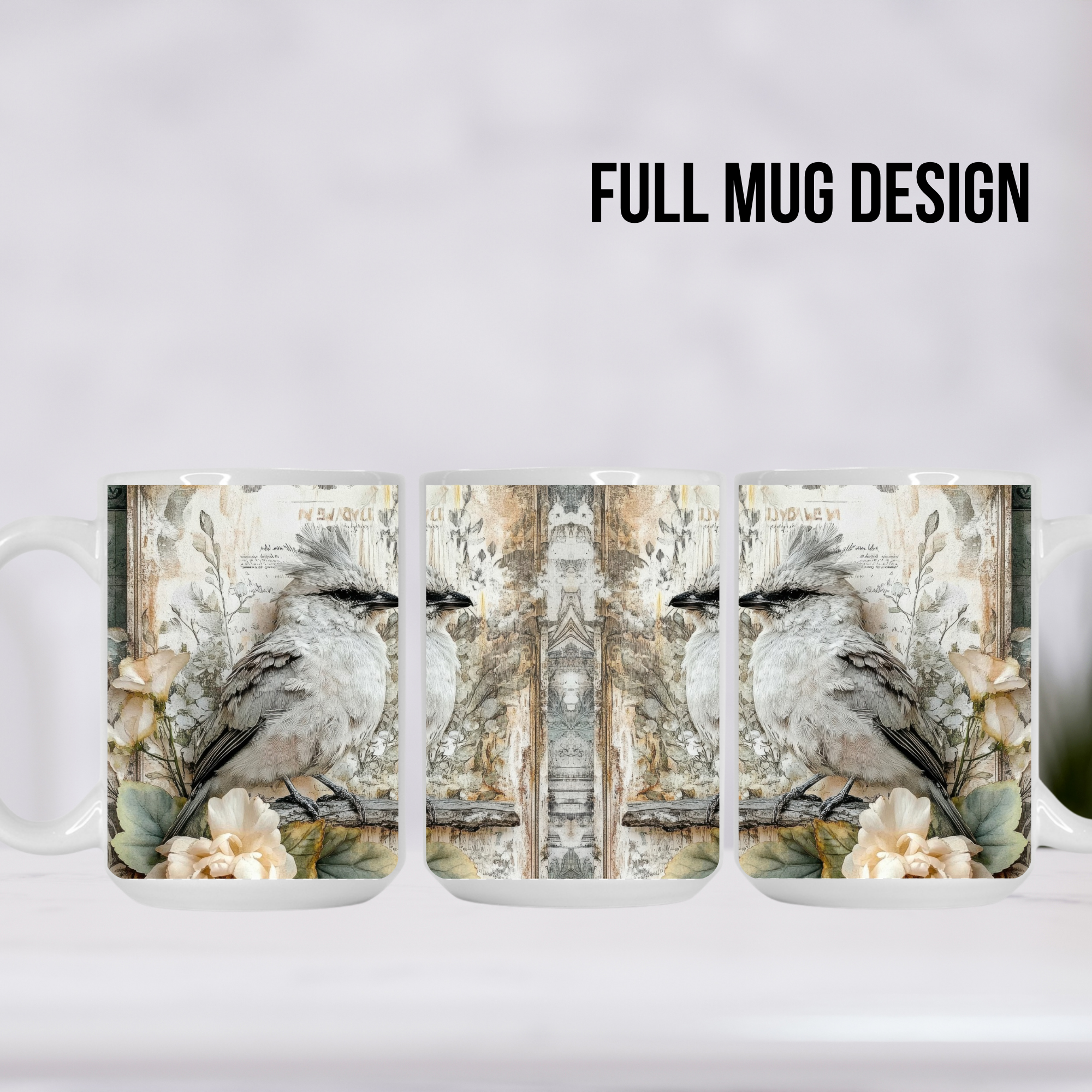 Three mugs with a bird and floral design on a white background