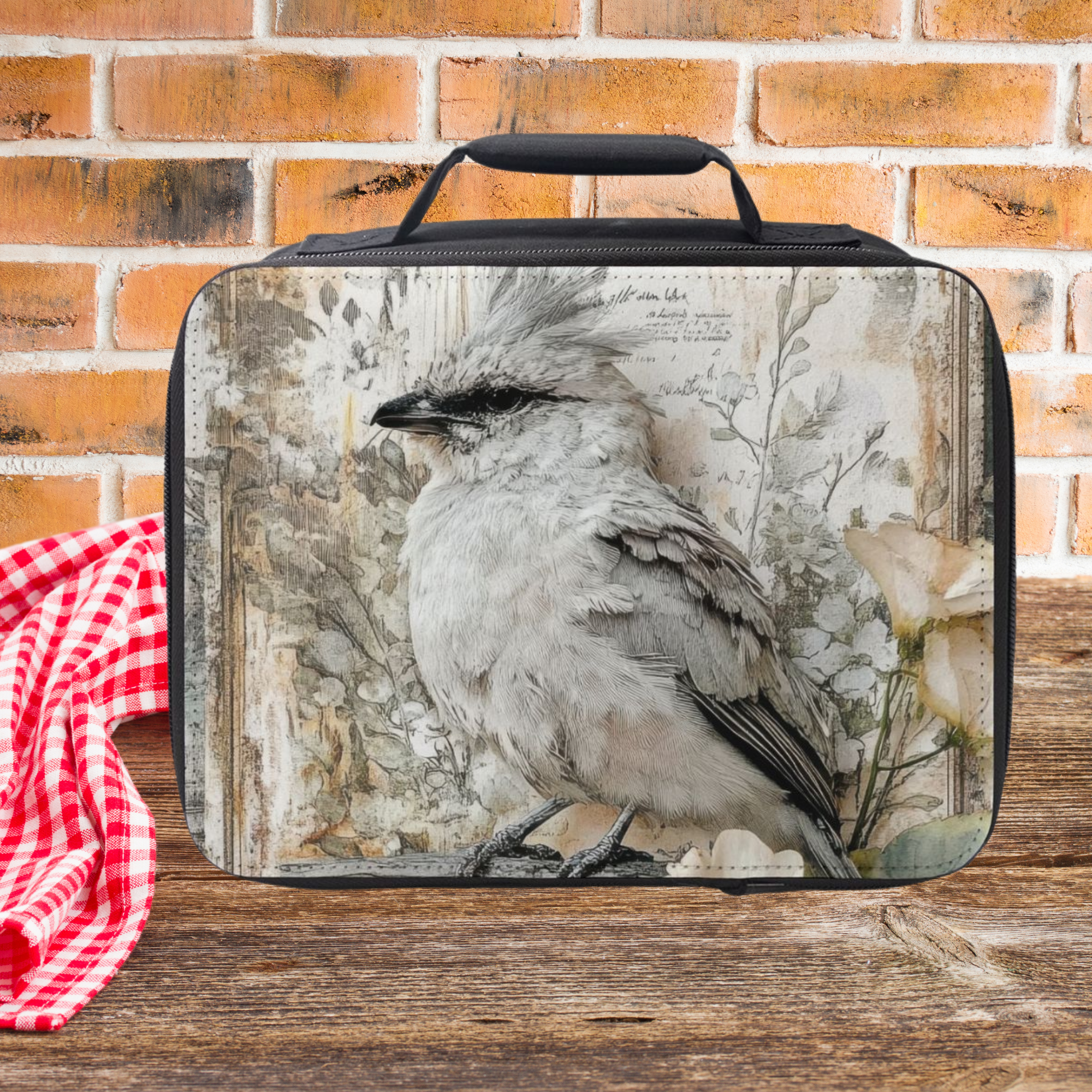  insulated lunch bag with bird design on a wooden picnic table and brick wall background