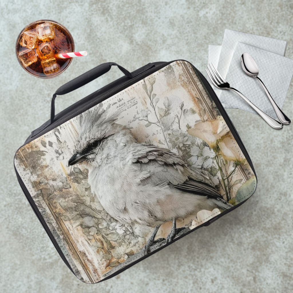 Lunch bag with bird design on a table with a drink and utensils.