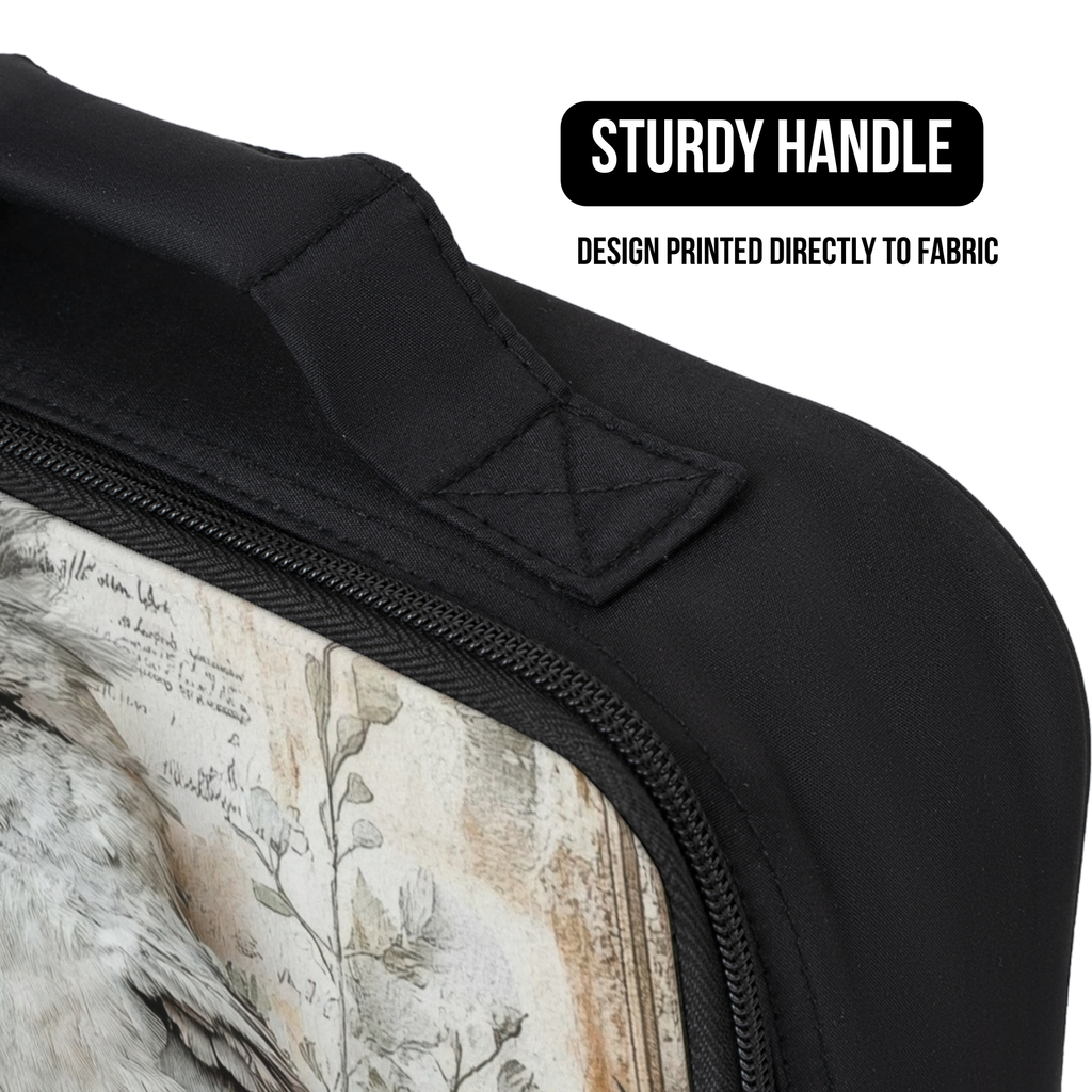 Black lunch bag with a design printed directly to fabric and a sturdy handle.