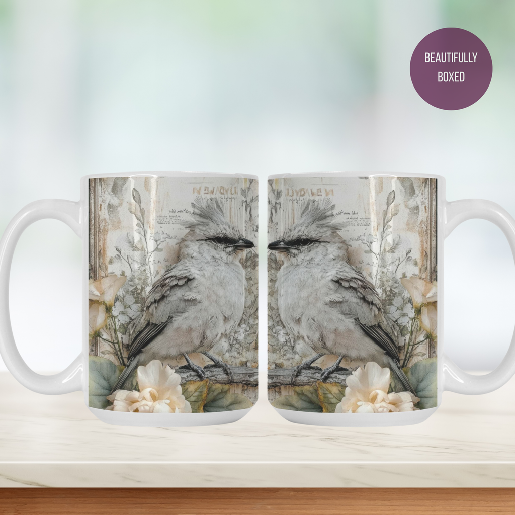Two mugs with bird design on a white surface, featuring the text 'BEAUTIFULLY BOXED' in a purple circle.