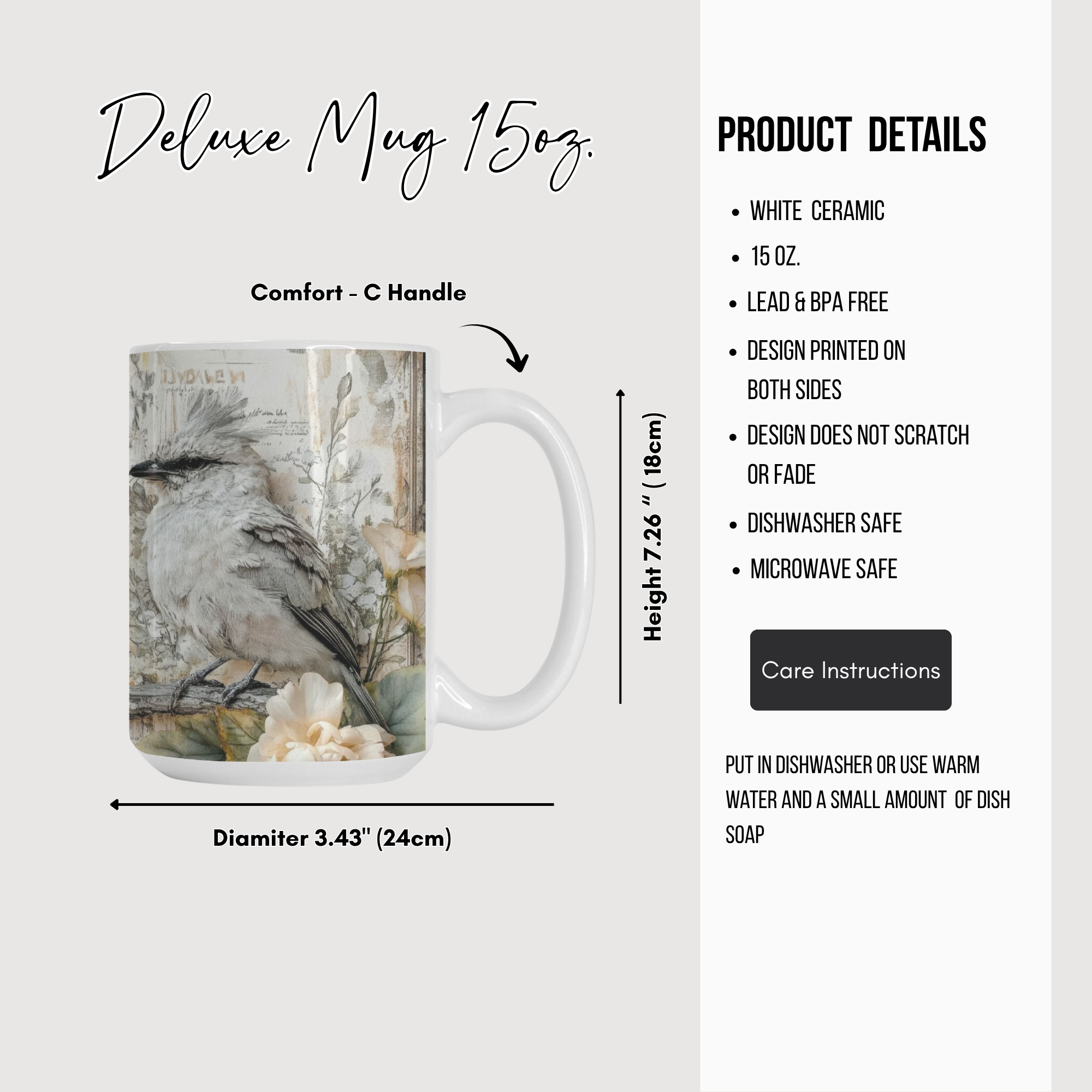 Deluxe mug with bird design and product details on a white background