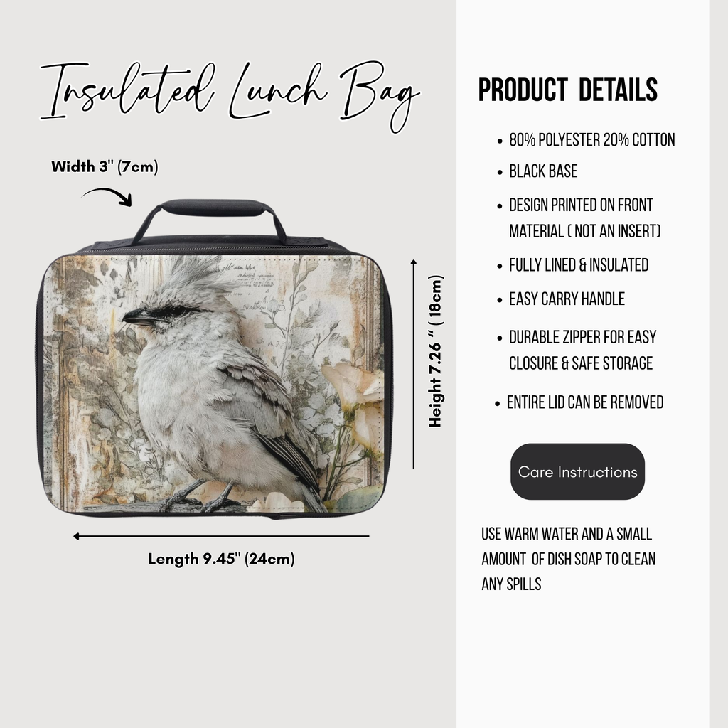 Insulated lunch bag with bird design and product details on a white background