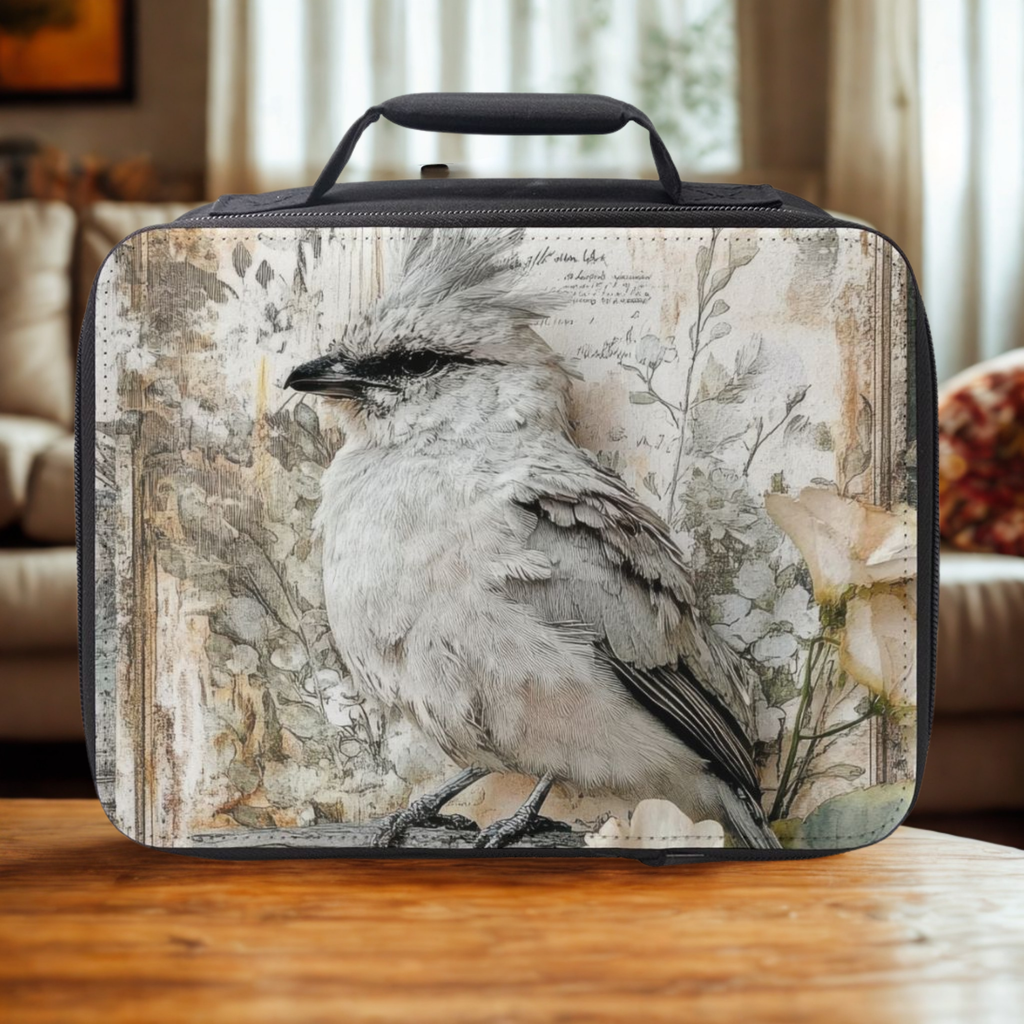 Lunch bag with a bird design on a wooden surface