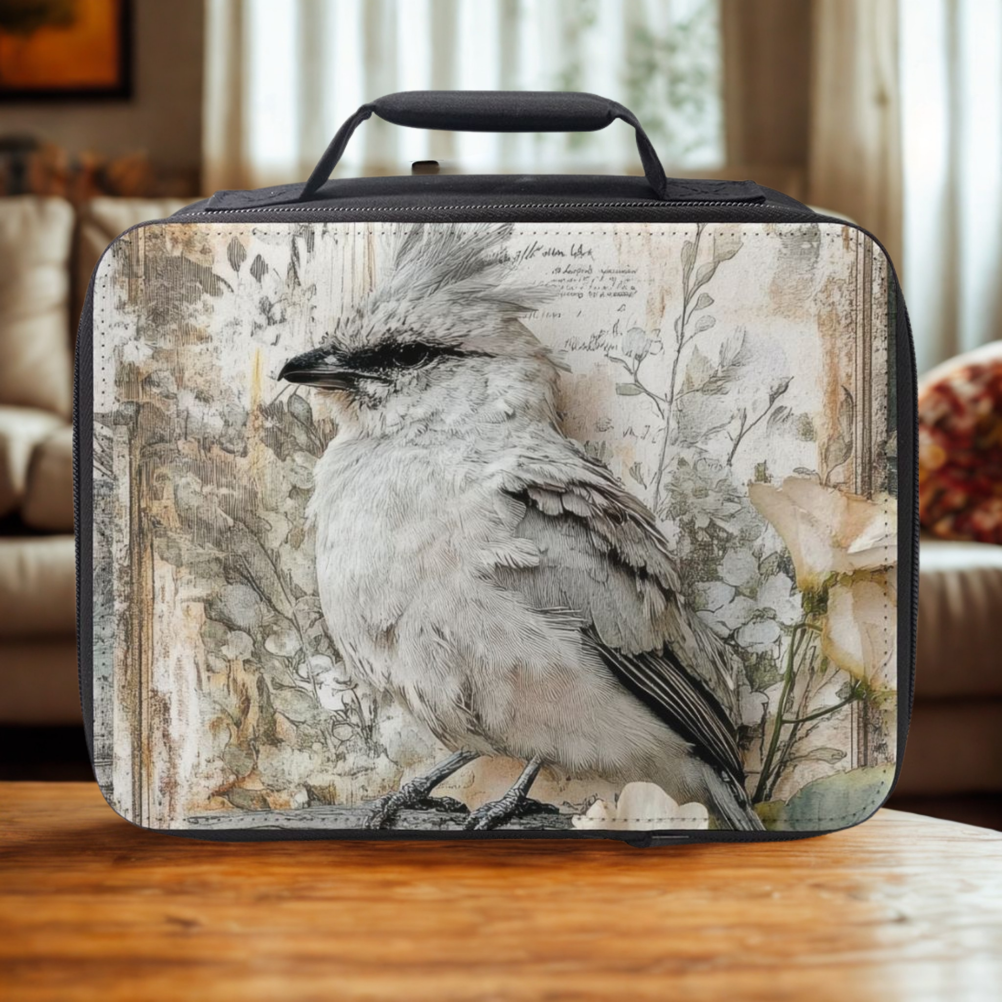 Lunch bag with a bird design on a wooden surface