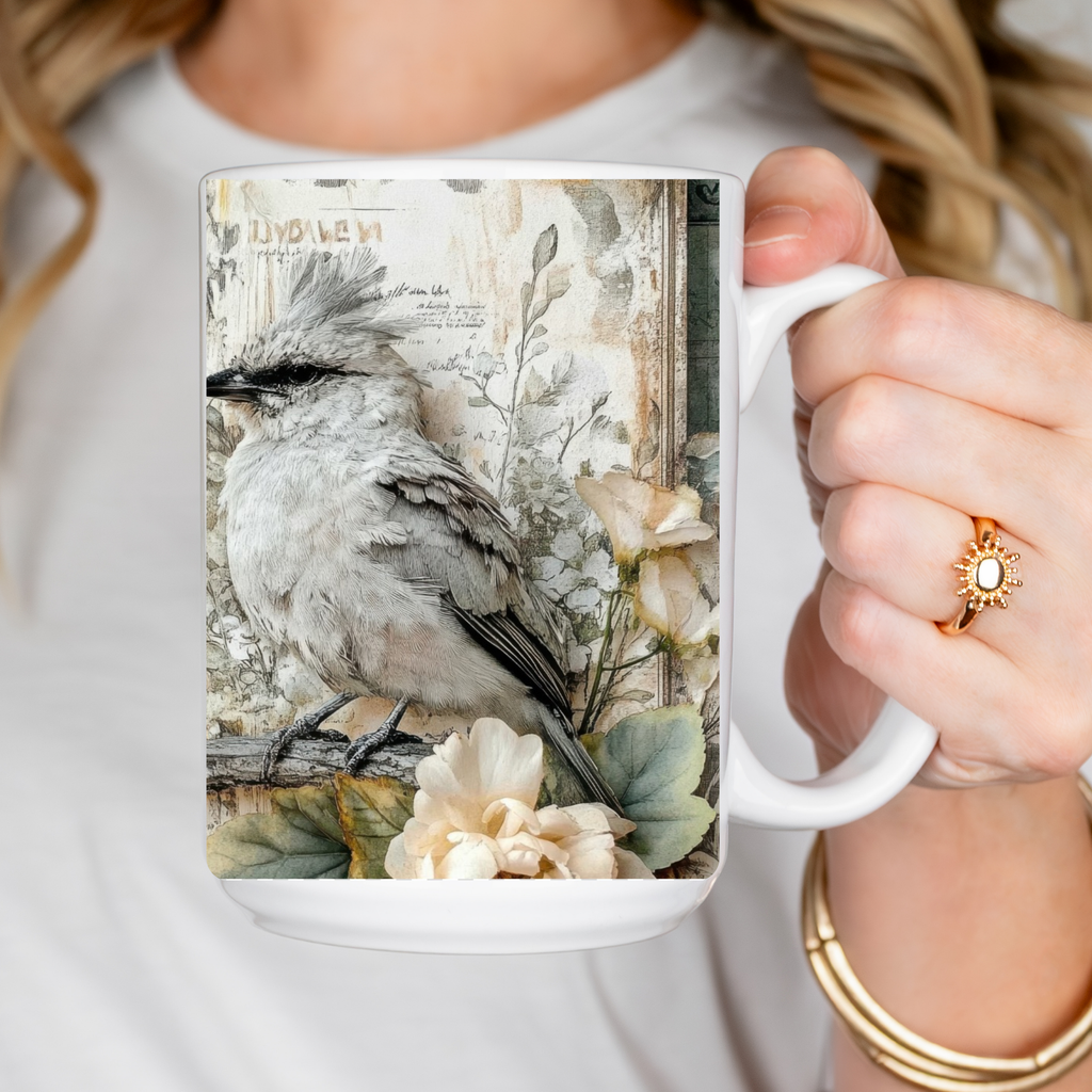 Person holding a mug with a bird design on a white background