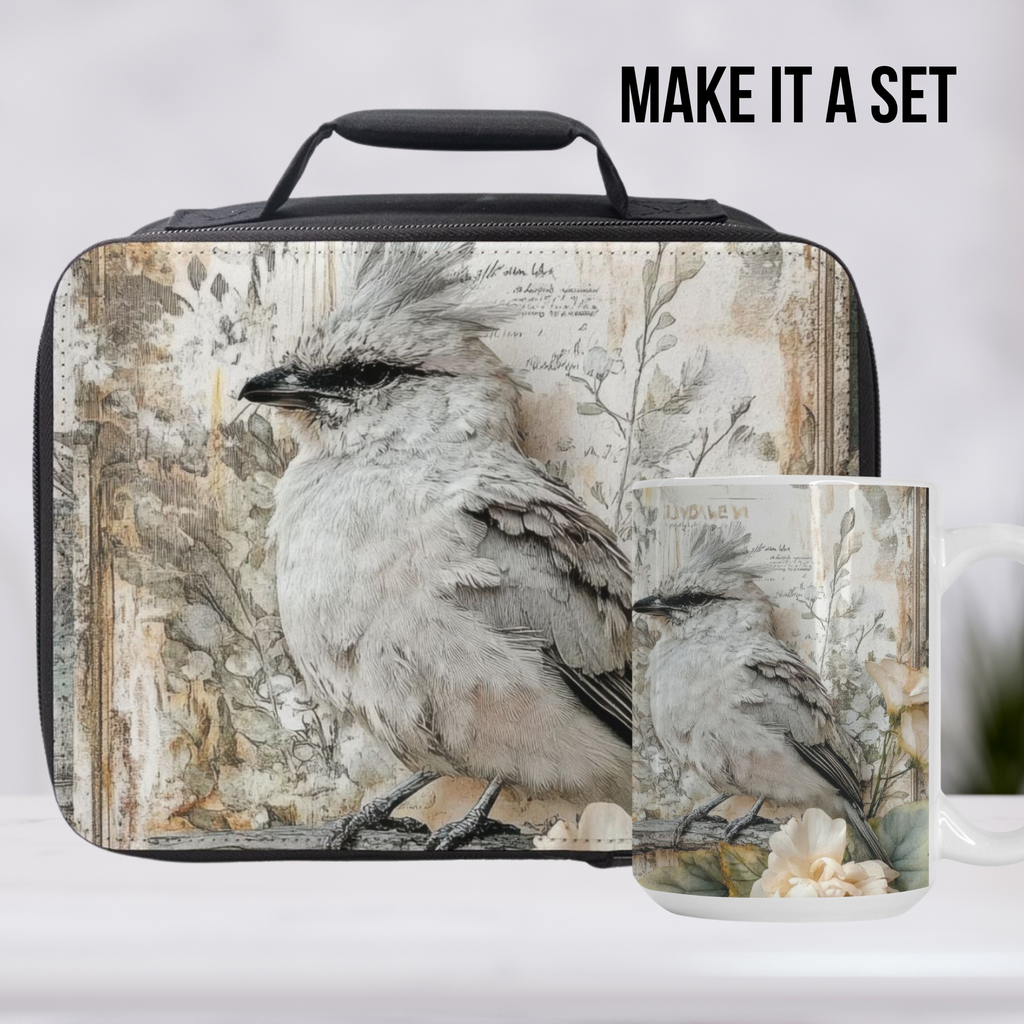 Set with a bird-themed lunch bag and mug on a white background
