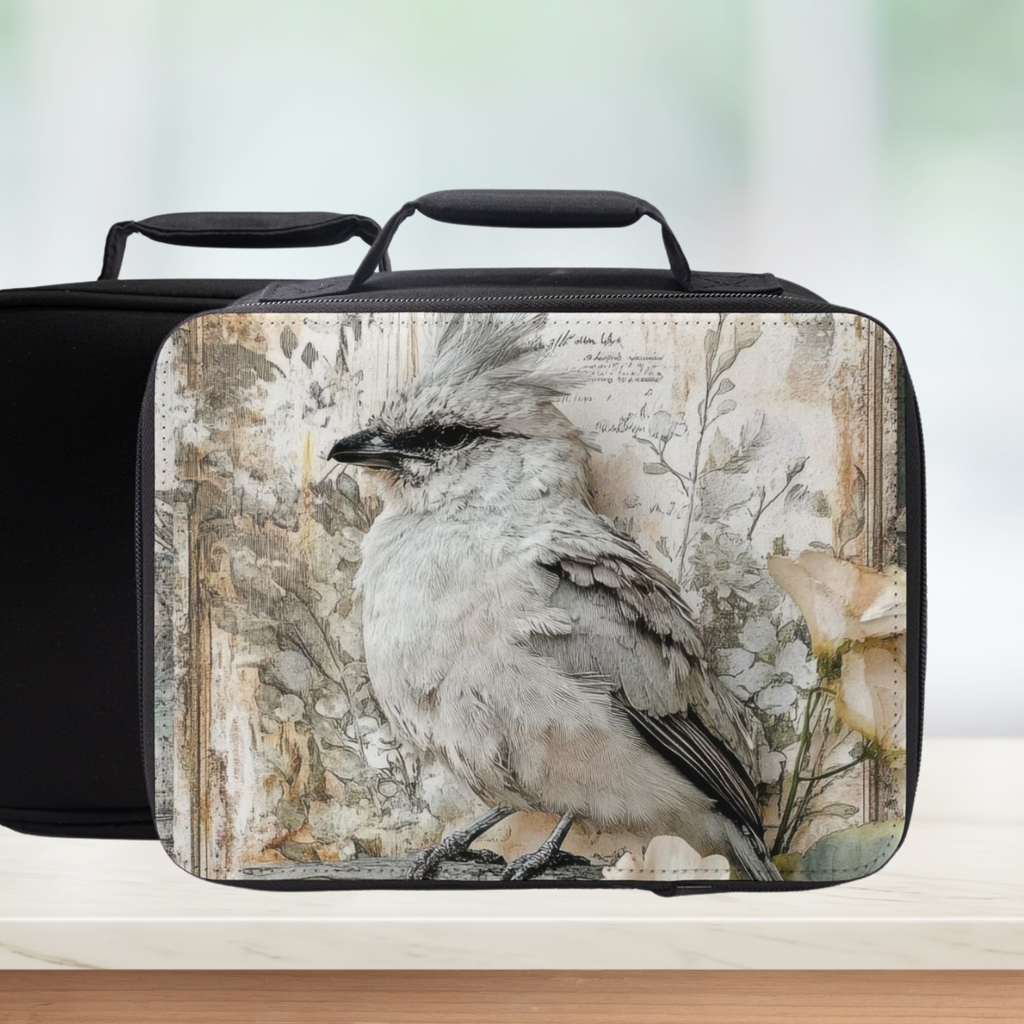 Black lunch bag with a bird design on a white background