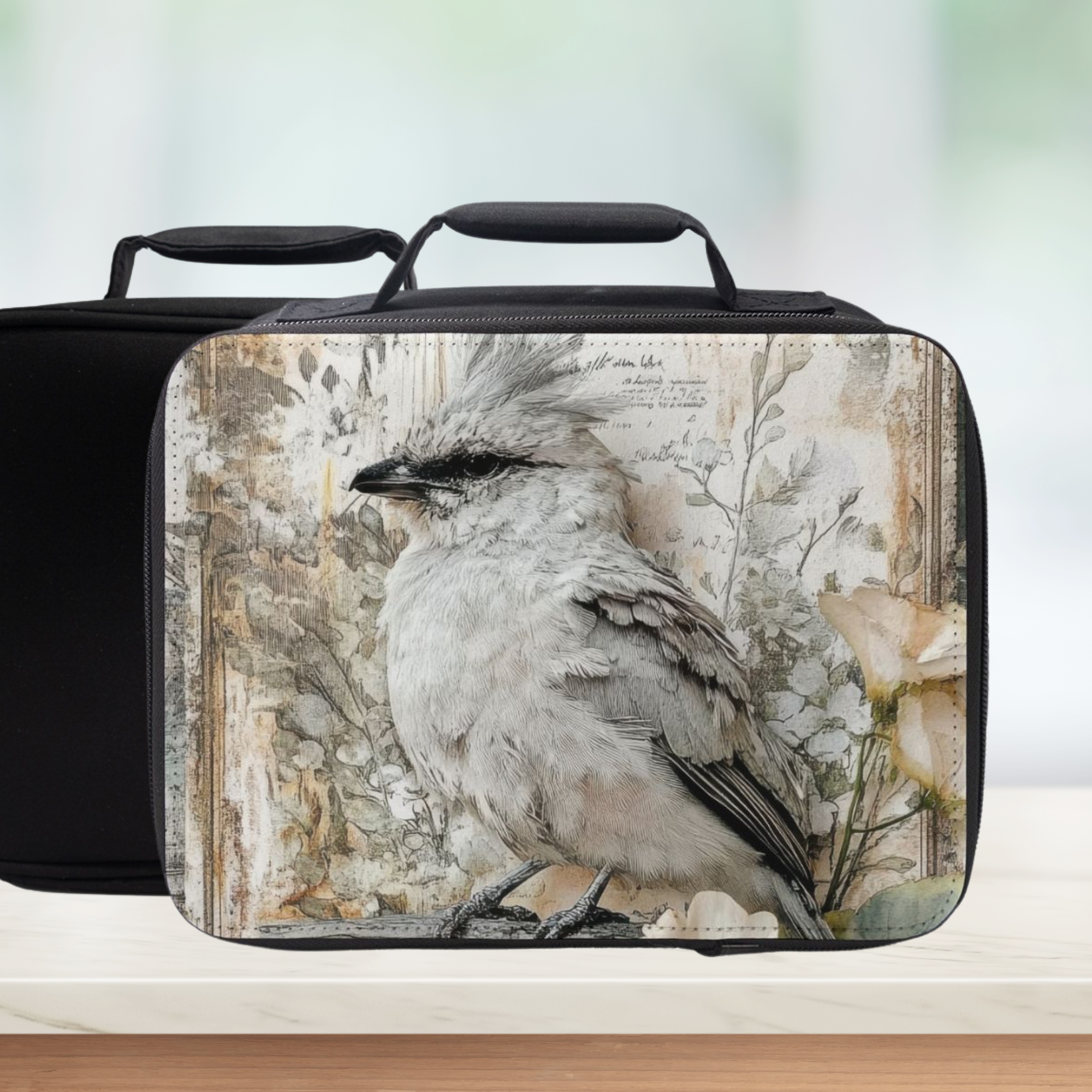 Black lunch bag with a bird design on a white background