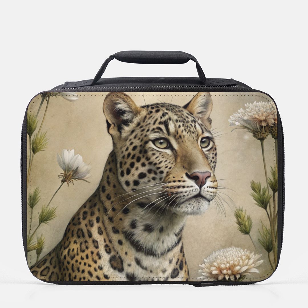  insulated lunch bag with a leopard design on a beige background