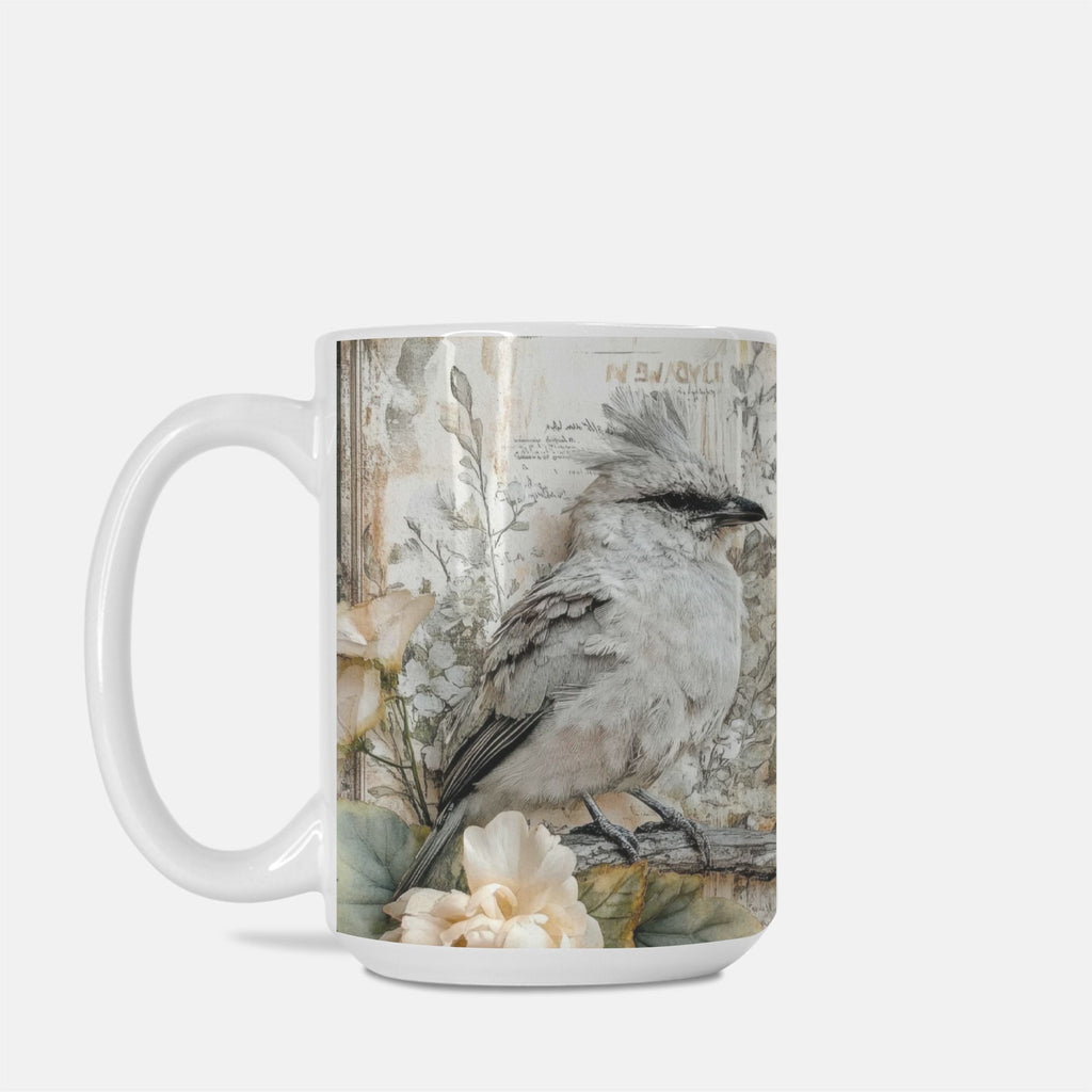 Mug with a bird and floral design on a white background