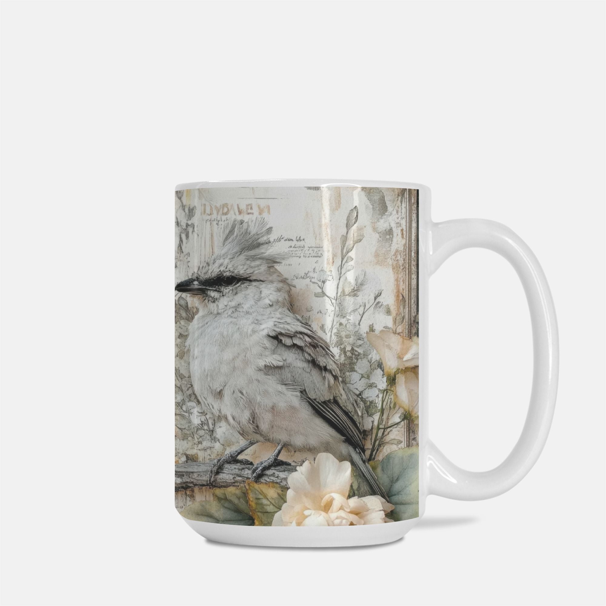 Mug with a bird and floral design on a white background