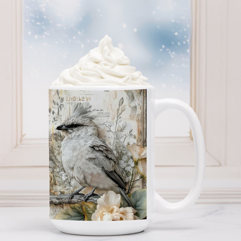 White mug with a bird design on a snowy background
