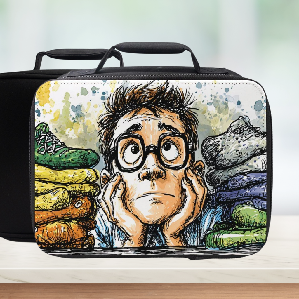 Lunch bag with a cartoon character surrounded by socks design on a white background