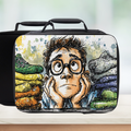 Lunch bag with a cartoon character surrounded by socks design on a white background