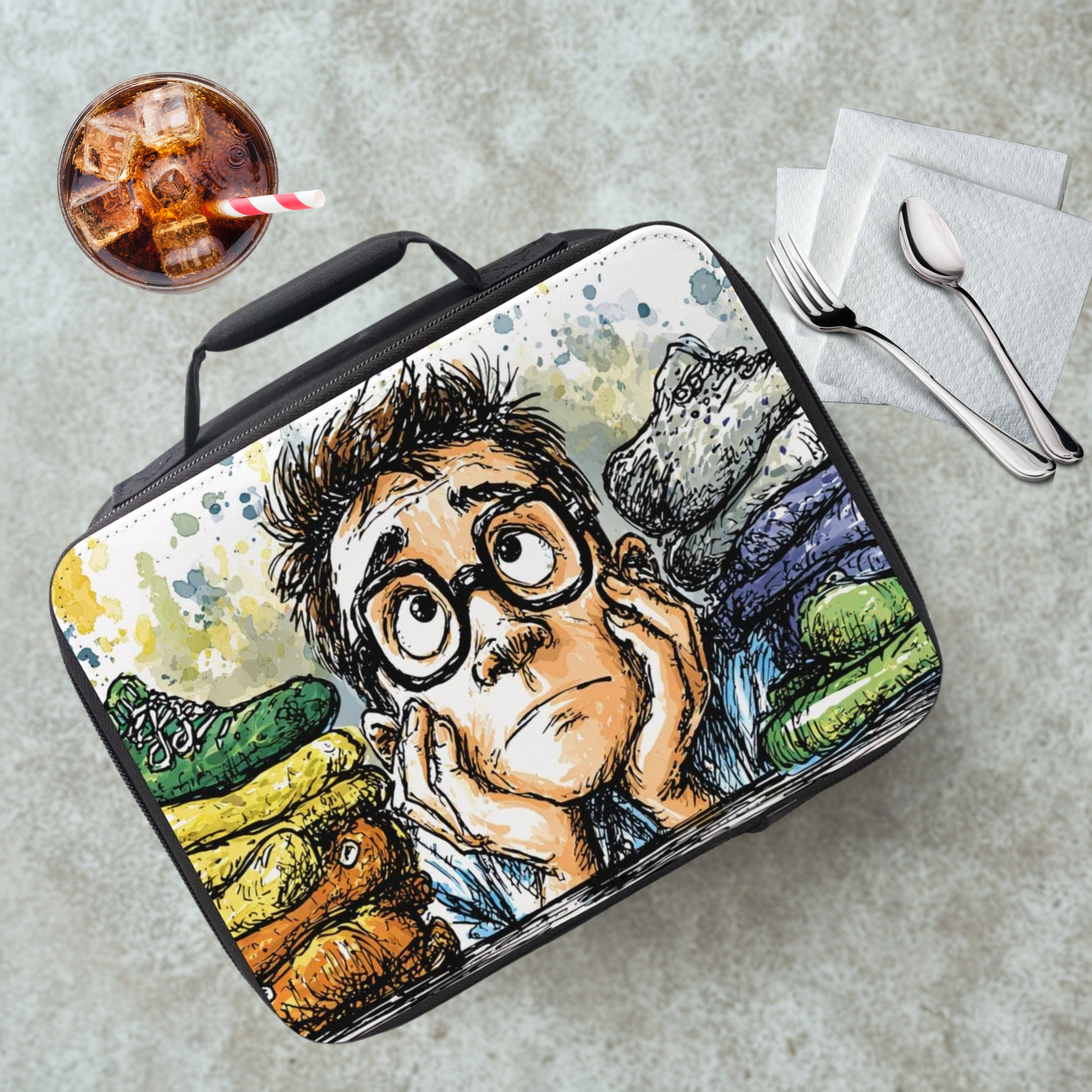 Lunch bag with a cartoon character design on a cafeteria table with a drink and utensils.