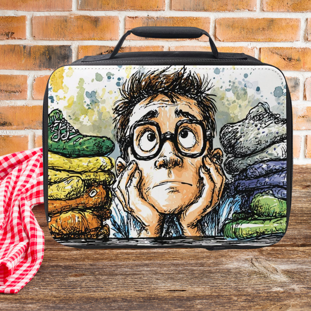 Lunch bag with a cartoon character and surrounded by socks design on a wooden picnic table with a brick wall background.