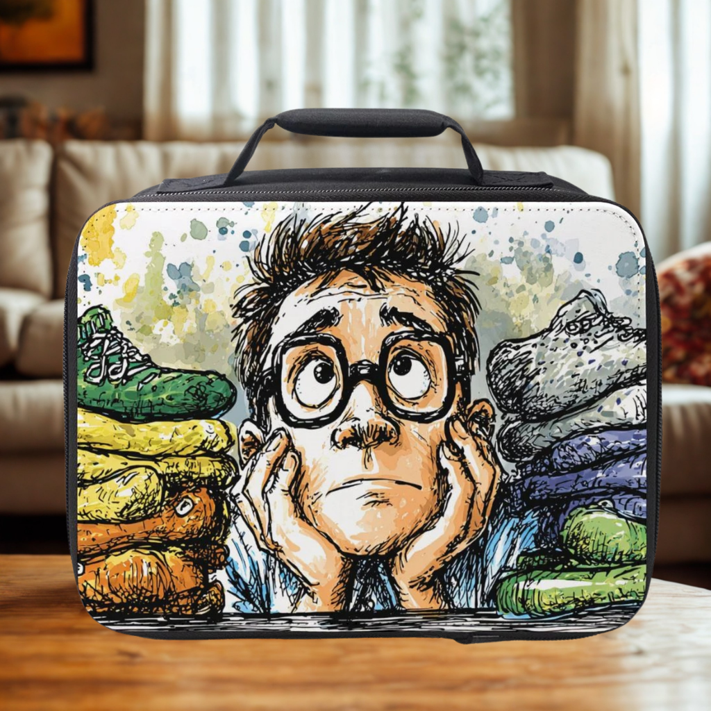  insulated lunch bag with a cartoon character and socks design on a wooden table in a living room