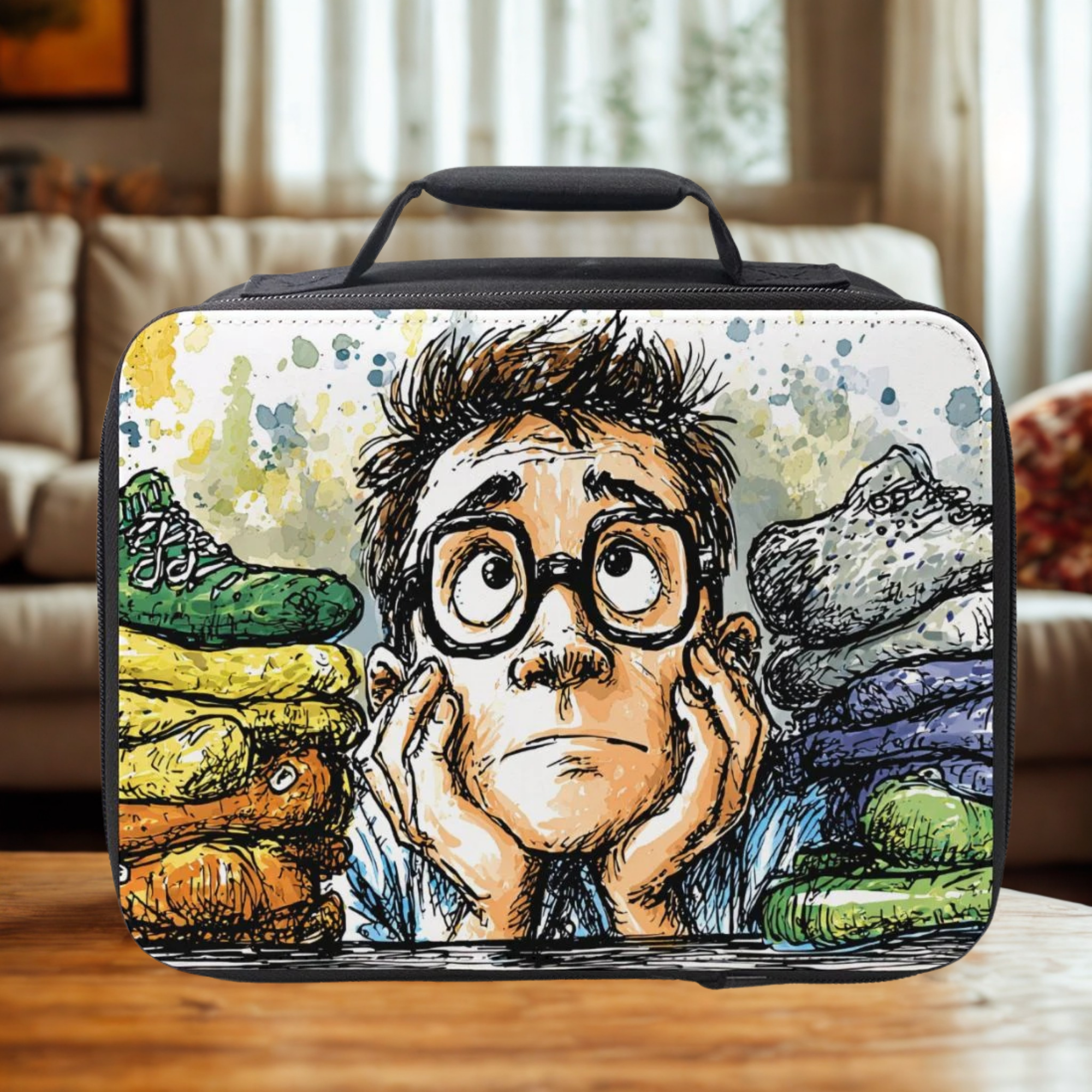  insulated lunch bag with a cartoon character and socks design on a wooden table in a living room