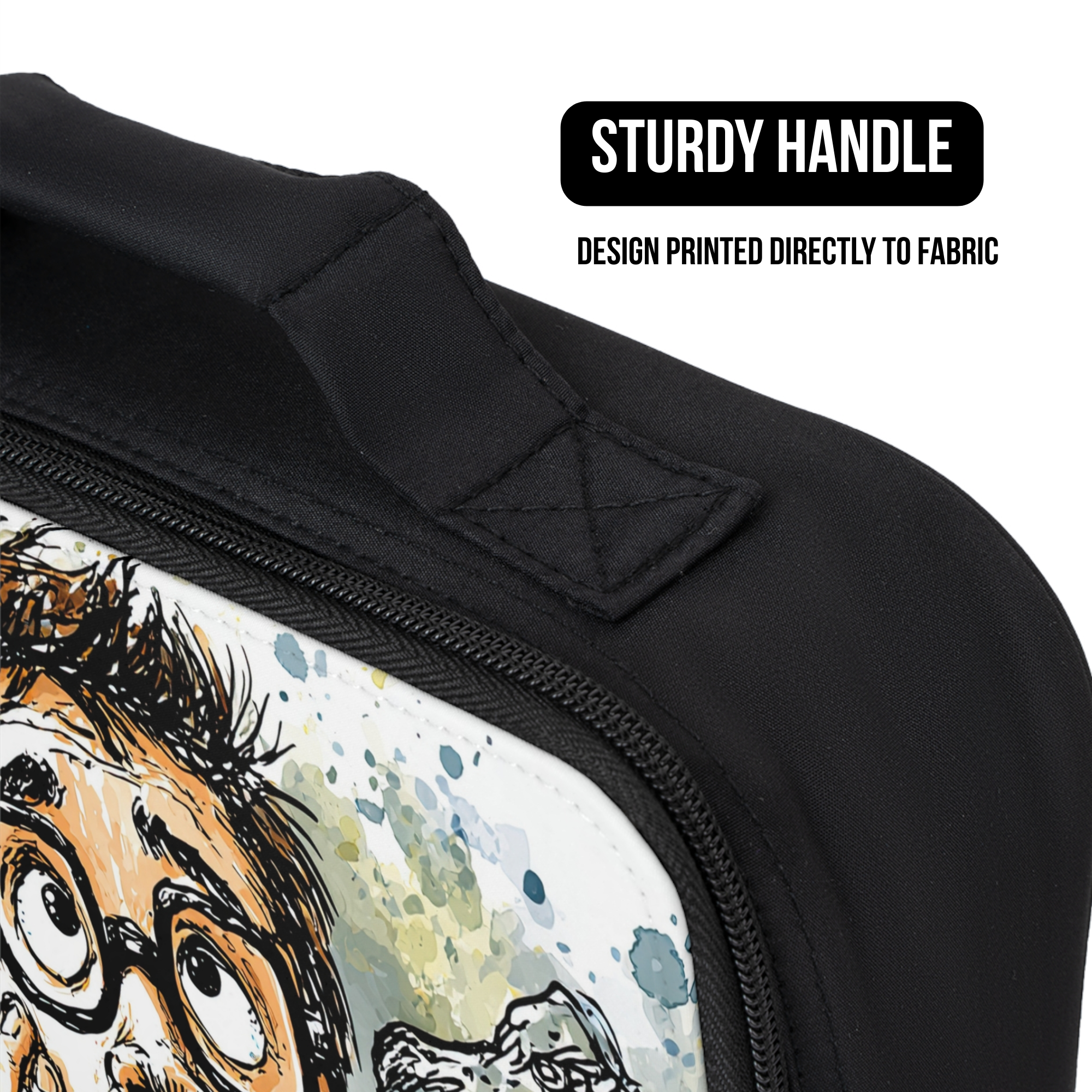 Black bag with a design printed directly to fabric, featuring a character with glasses and a pile of socks.