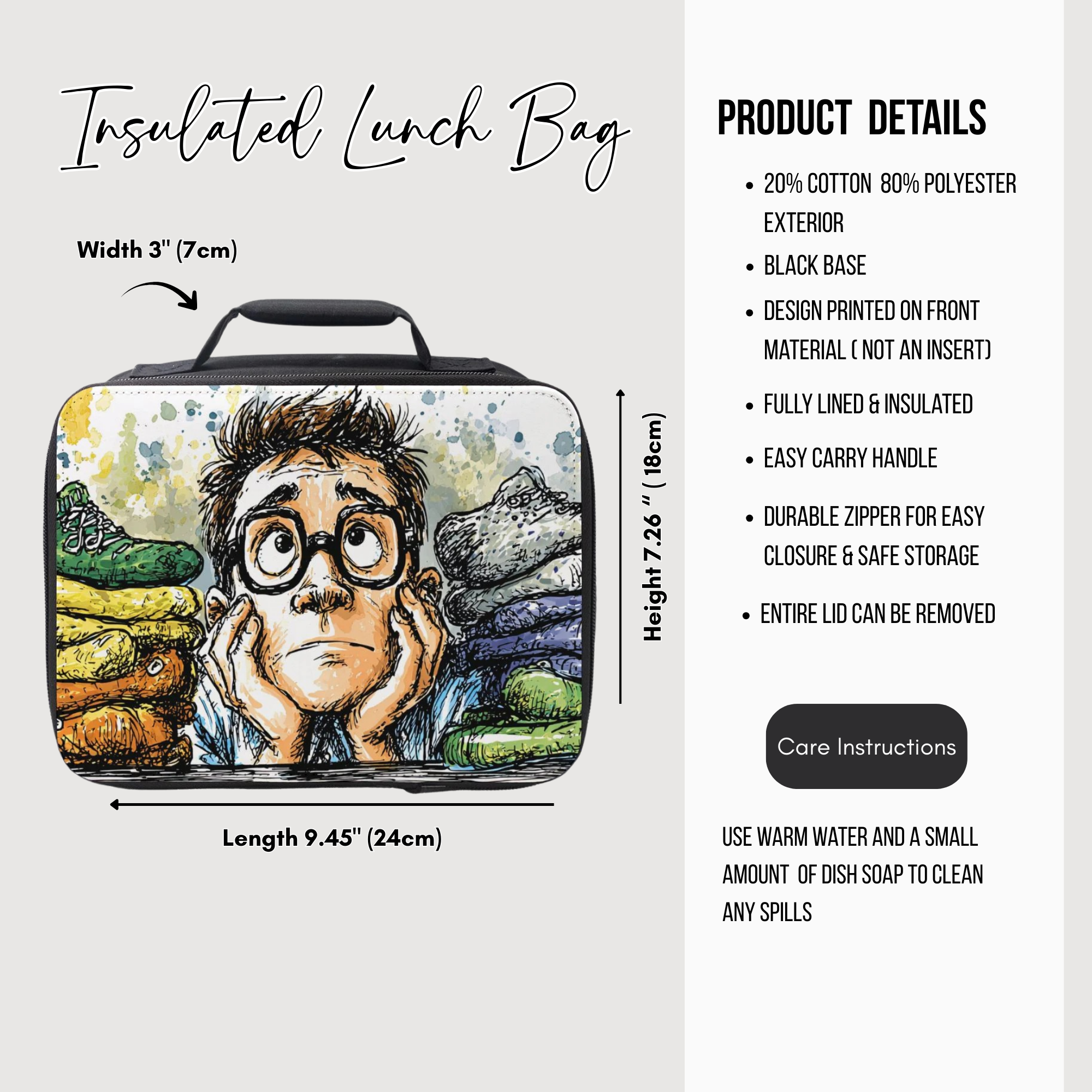 Insulated lunch bag with cartoon design and product details on a white background