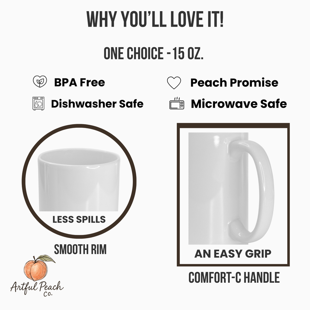 White mug with features listed on a white background