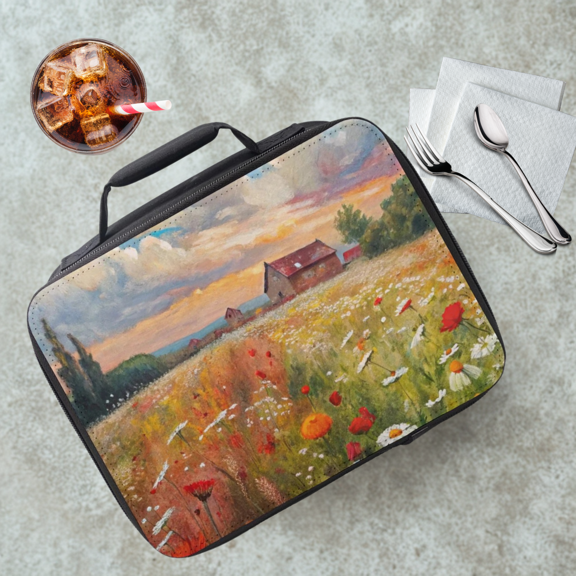 Lunch bag with a scenic design of a field and house, placed on a table with a drink and utensils.