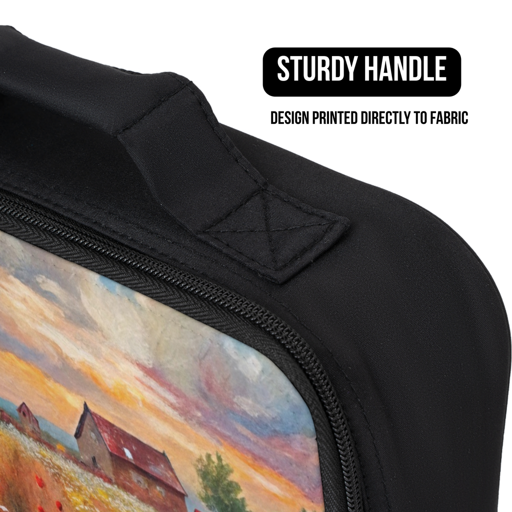 Black lunch bag with a printed design of a landscape featuring a house and field.