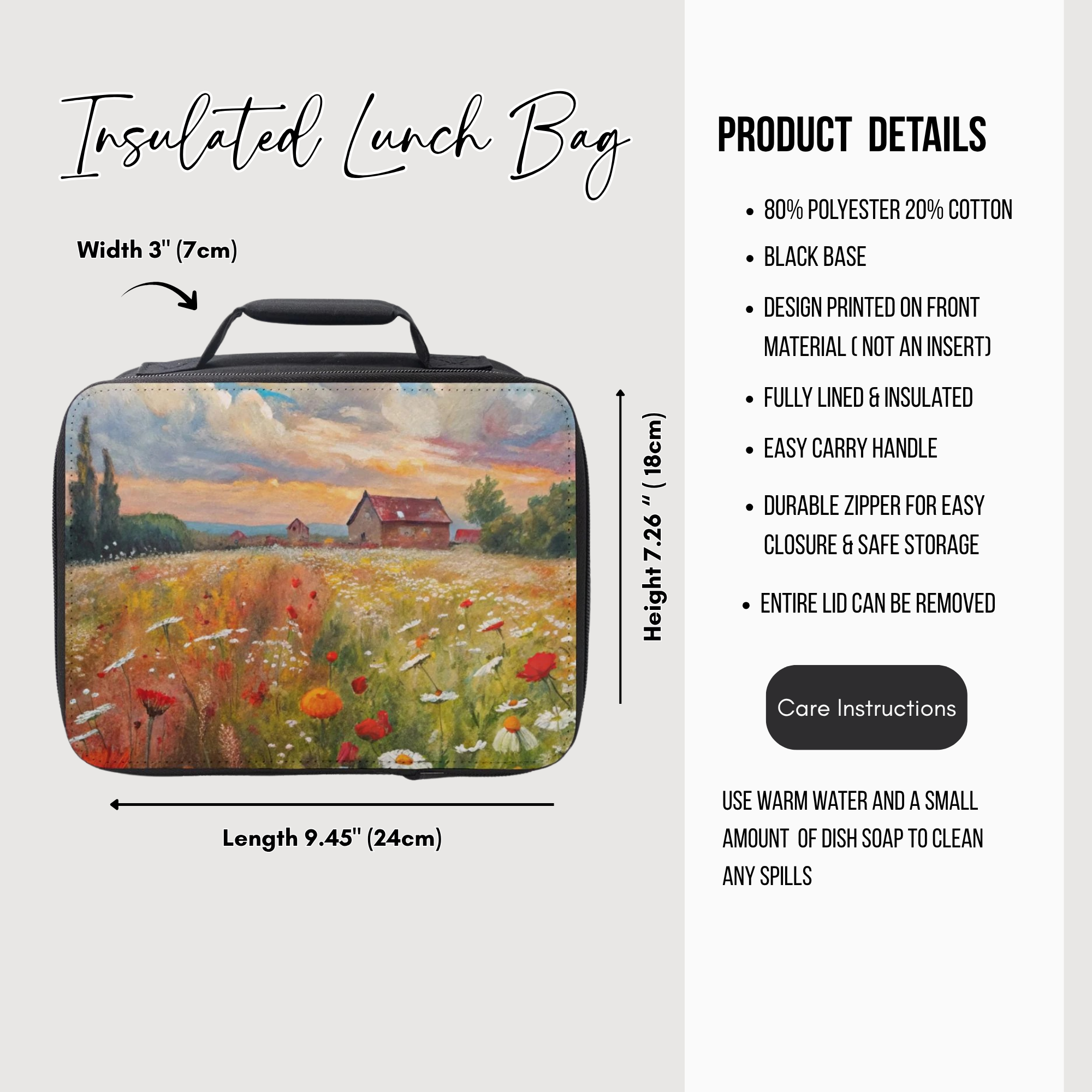 Insulated lunch bag with a field of flowers design, featuring dimensions and product details.