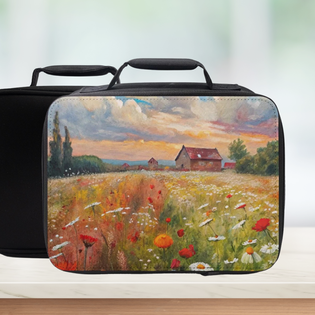 Black lunch bag with a painted design of a field with flowers and a house.