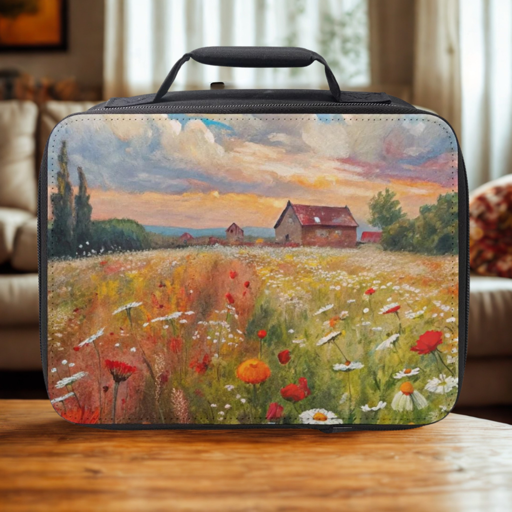 Lunch box with a painted design of a field and barn on a wooden coffee table.