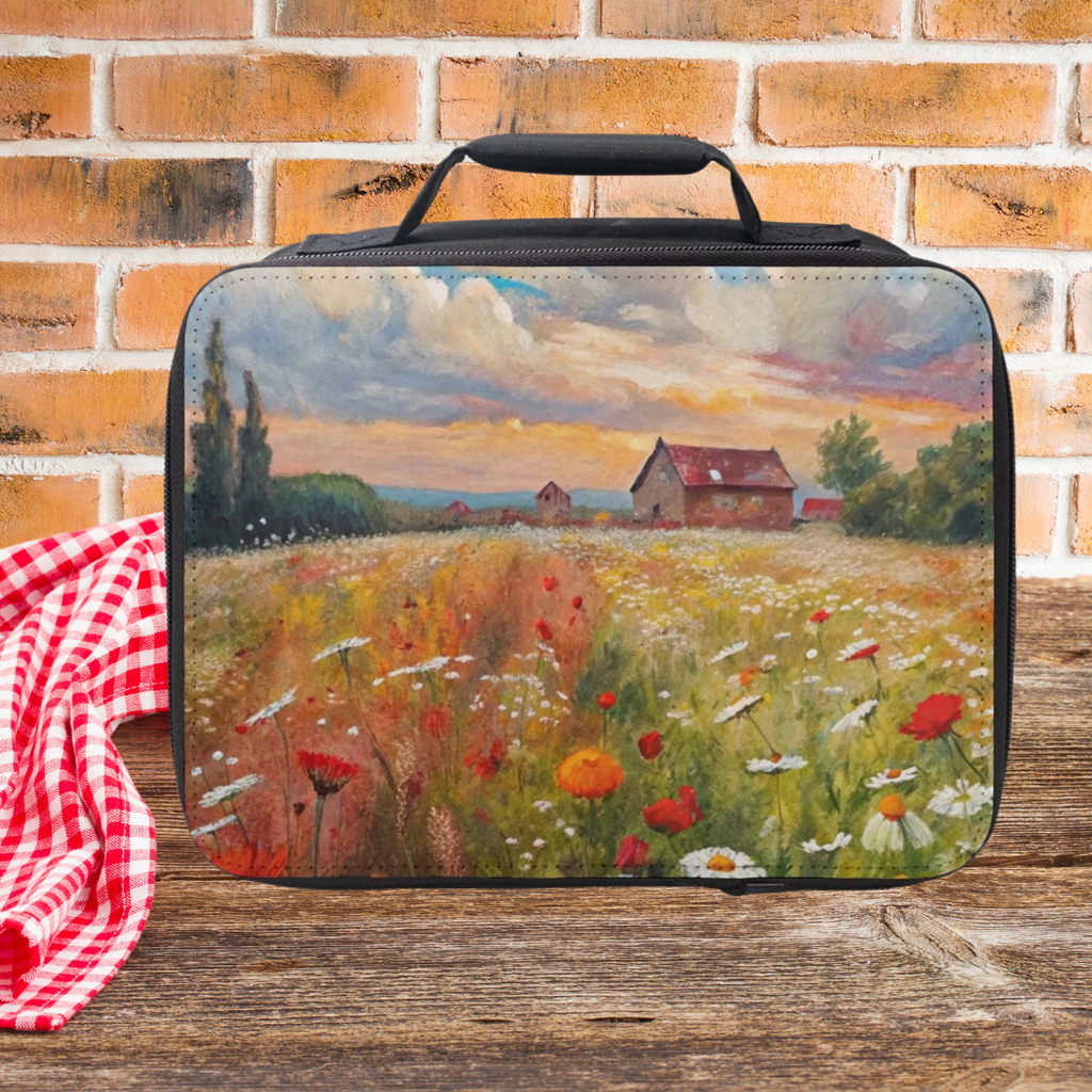 Rectangular lunch bag with a painted field design on a wooden picnic table and brick wall background