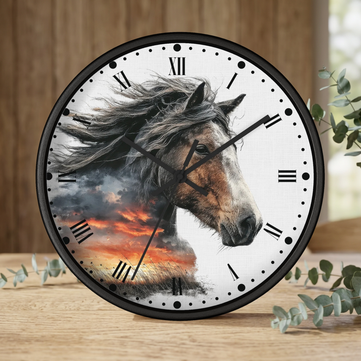 Wild Horse Sunset Wall Clock — Rustic Equine Decor