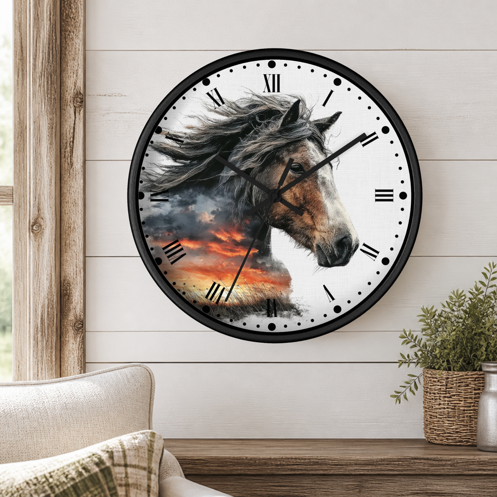 A round wall clock with a black frame and a printed horse head design over a dramatic sunset sky, mounted on a white wood-paneled wall above a wooden shelf with a plant and part of a chair visible.