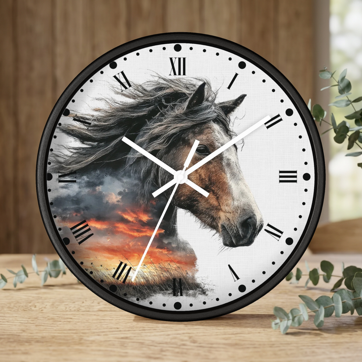 Wild Horse Sunset Wall Clock — Rustic Equine Decor