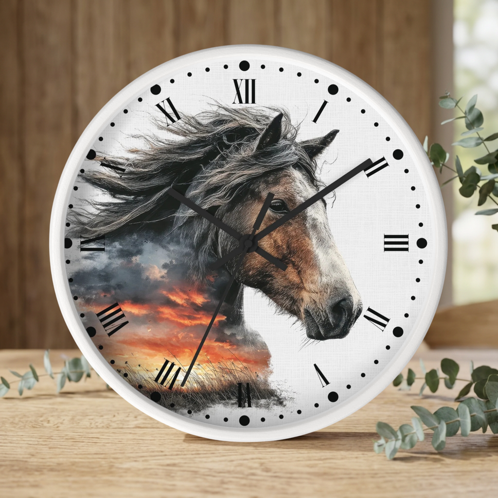 Wild Horse Sunset Wall Clock — Rustic Equine Decor