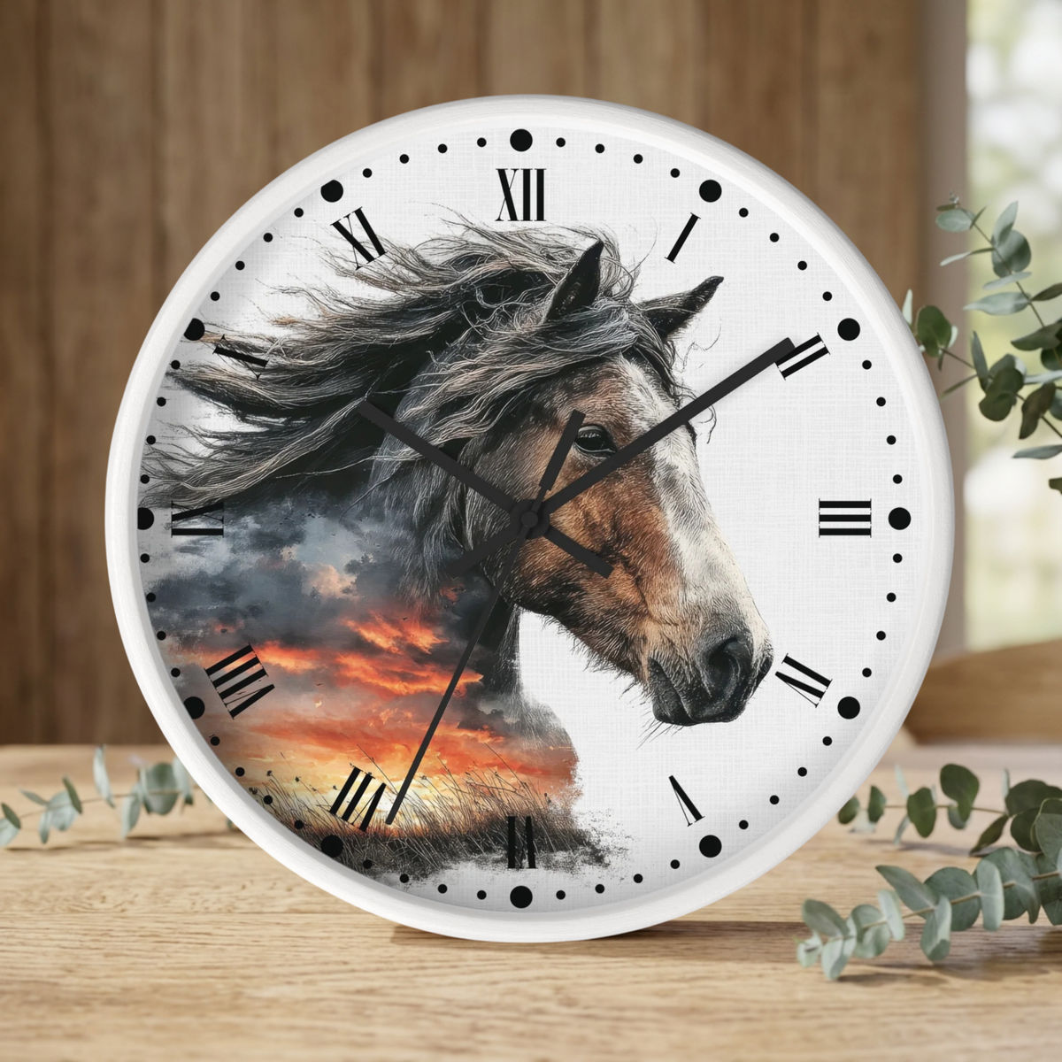 Wild Horse Sunset Wall Clock — Rustic Equine Decor