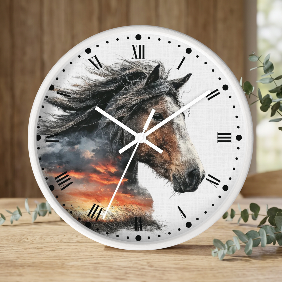 Wild Horse Sunset Wall Clock — Rustic Equine Decor