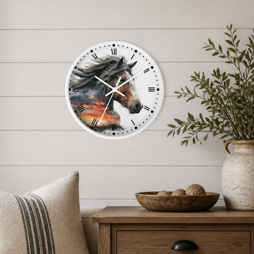 Wild Horse Sunset Wall Clock — Rustic Equine Decor